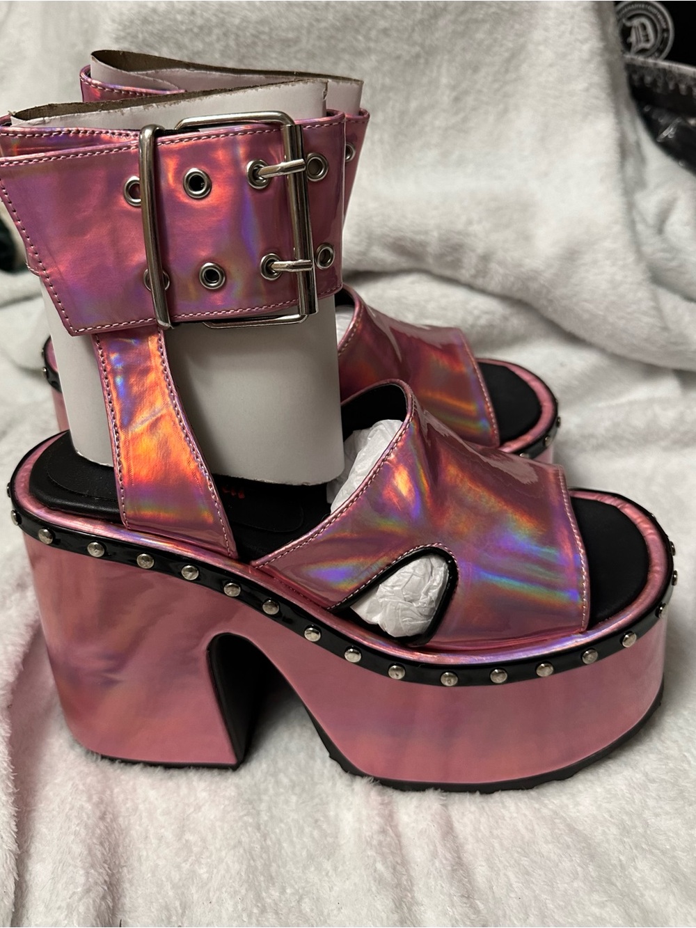 Demonia Holographic Pink Platform Sandals with Studded Edge CAM102/PNHG